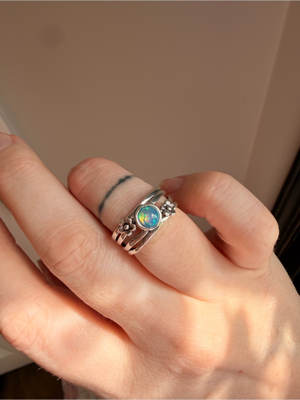 Adorable Silver Plated Opal Flower Stackable Ring - Blue-Green Opal